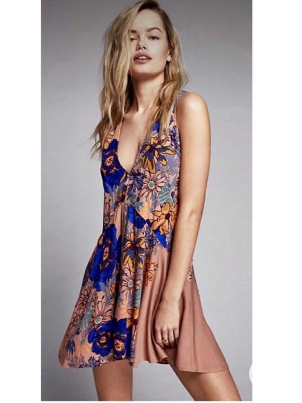 Free People Mauve Pink Tunic with Blue & Orange Floral Print - Picture 2 of 8